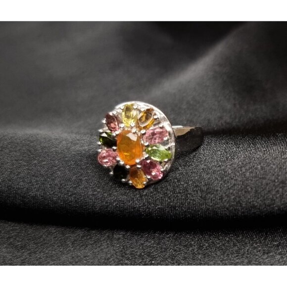 925 Sterling Silver Tourmaline Stones Size 7.5 Floral Ring - Picture 3 of 5